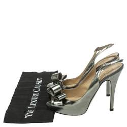Pre Owned Valentino Metallic Grey Leather Bow Peep Toe Slingback Pumps Size 36