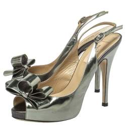 Pre Owned Valentino Metallic Grey Leather Bow Peep Toe Slingback Pumps Size 36