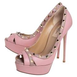 Pre Owned Valentino Pink Leather Rockstud Peep Toe Platform Pumps Size 38.5