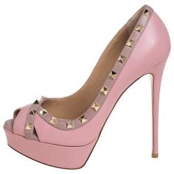 Pre Owned Valentino Pink Leather Rockstud Peep Toe Platform Pumps Size 38.5