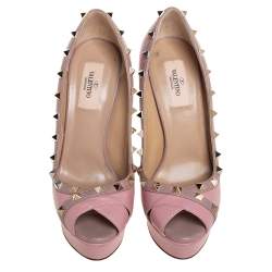 Pre Owned Valentino Pink Leather Rockstud Peep Toe Platform Pumps Size 38.5