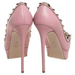 Pre Owned Valentino Pink Leather Rockstud Peep Toe Platform Pumps Size 38.5