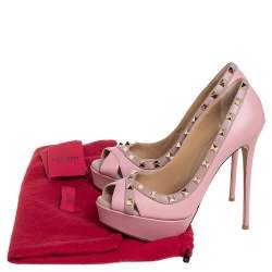 Pre Owned Valentino Pink Leather Rockstud Peep Toe Platform Pumps Size 38.5