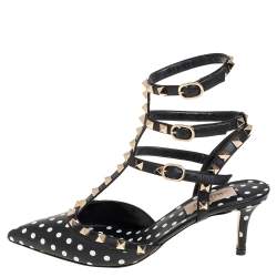 Valentino Black/White Polka Dot Leather Rockstud Ankle Strap Sandals Size 37
