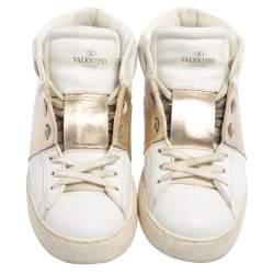 Pre Owned Valentino White/Gold Leather Rockstud High Top Open Sneakers Size 38