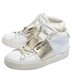 Pre Owned Valentino White/Gold Leather Rockstud High Top Open Sneakers Size 38