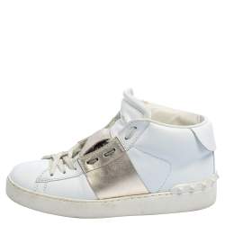 Pre Owned Valentino White/Gold Leather Rockstud High Top Open Sneakers Size 38