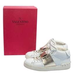 Pre Owned Valentino White/Gold Leather Rockstud High Top Open Sneakers Size 38