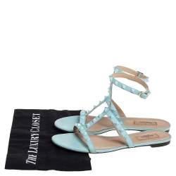 Pre Owned Valentino Blue Leather Rockstud Ankle Strap Flats Size 40