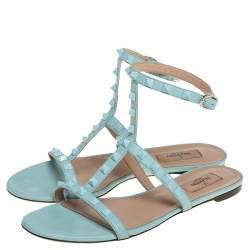 Pre Owned Valentino Blue Leather Rockstud Ankle Strap Flats Size 40