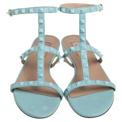 Pre Owned Valentino Blue Leather Rockstud Ankle Strap Flats Size 40