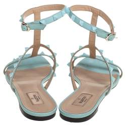 Pre Owned Valentino Blue Leather Rockstud Ankle Strap Flats Size 40