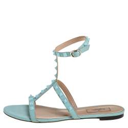 Pre Owned Valentino Blue Leather Rockstud Ankle Strap Flats Size 40