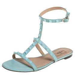 Pre Owned Valentino Blue Leather Rockstud Ankle Strap Flats Size 40