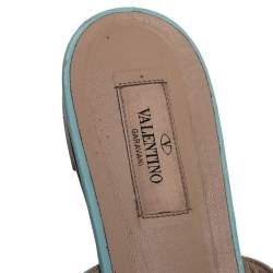 Pre Owned Valentino Blue Leather Rockstud Ankle Strap Flats Size 40