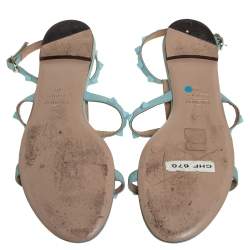 Pre Owned Valentino Blue Leather Rockstud Ankle Strap Flats Size 40