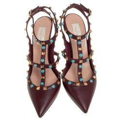 مملوكة مسبقًا صندل فالنتينو روكستد دائري جلد عنابي مقاس 40 