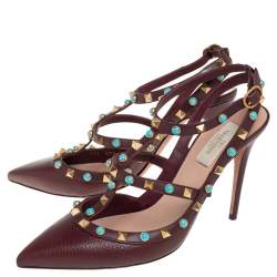 مملوكة مسبقًا صندل فالنتينو روكستد دائري جلد عنابي مقاس 40 