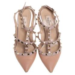 Pre Owned صندل فالنتينو جلد بيج/وردي مرصع روكستد مقدمة مدببة سير كاحل مقاس 36.5