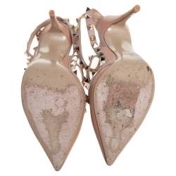 Pre Owned صندل فالنتينو جلد بيج/وردي مرصع روكستد مقدمة مدببة سير كاحل مقاس 36.5