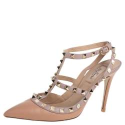 Pre Owned صندل فالنتينو جلد بيج/وردي مرصع روكستد مقدمة مدببة سير كاحل مقاس 36.5
