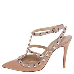 Pre Owned صندل فالنتينو جلد بيج/وردي مرصع روكستد مقدمة مدببة سير كاحل مقاس 36.5
