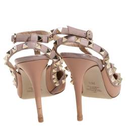 Pre Owned صندل فالنتينو جلد بيج/وردي مرصع روكستد مقدمة مدببة سير كاحل مقاس 36.5