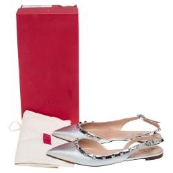 Pre Owned Valentino Silver Patent And Leather Rockstud Slingback Flats Size 39.5