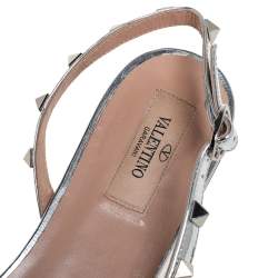 Pre Owned Valentino Silver Patent And Leather Rockstud Slingback Flats Size 39.5