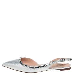 Pre Owned Valentino Silver Patent And Leather Rockstud Slingback Flats Size 39.5