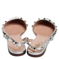 Pre Owned Valentino Silver Patent And Leather Rockstud Slingback Flats Size 39.5