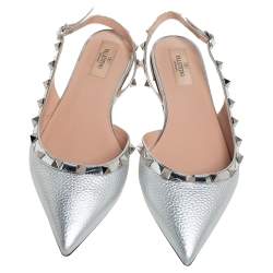 Pre Owned Valentino Silver Patent And Leather Rockstud Slingback Flats Size 39.5
