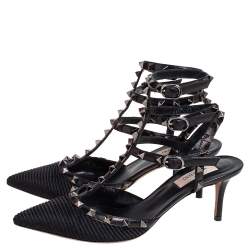 Pre Owned Valentino Black Fabric And Leather Rockstud Caged Pointed Toe Pumps Size 39