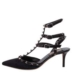 Pre Owned Valentino Black Fabric And Leather Rockstud Caged Pointed Toe Pumps Size 39