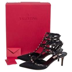 Pre Owned Valentino Black Fabric And Leather Rockstud Caged Pointed Toe Pumps Size 39