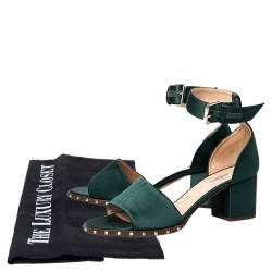 مملوكة مسبقًا Valentino Green Satin Studded Block Heel Ankle Strap Sandals Size 38.5