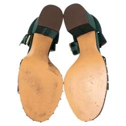 مملوكة مسبقًا Valentino Green Satin Studded Block Heel Ankle Strap Sandals Size 38.5