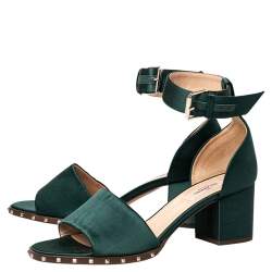 مملوكة مسبقًا Valentino Green Satin Studded Block Heel Ankle Strap Sandals Size 38.5