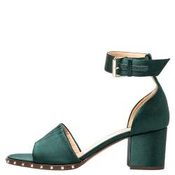 مملوكة مسبقًا Valentino Green Satin Studded Block Heel Ankle Strap Sandals Size 38.5