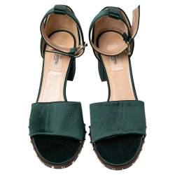 مملوكة مسبقًا Valentino Green Satin Studded Block Heel Ankle Strap Sandals Size 38.5