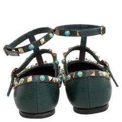 Pre Owned Valentino Green Leather Rolling Rockstud Ankle Strap Ballet Flats Size 36.5