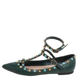 Pre Owned Valentino Green Leather Rolling Rockstud Ankle Strap Ballet Flats Size 36.5
