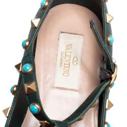 Pre Owned Valentino Green Leather Rolling Rockstud Ankle Strap Ballet Flats Size 36.5