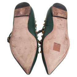Pre Owned Valentino Green Leather Rolling Rockstud Ankle Strap Ballet Flats Size 36.5