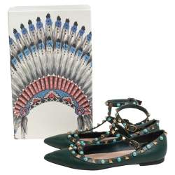 Pre Owned Valentino Green Leather Rolling Rockstud Ankle Strap Ballet Flats Size 36.5