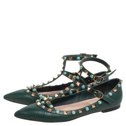 Pre Owned Valentino Green Leather Rolling Rockstud Ankle Strap Ballet Flats Size 36.5
