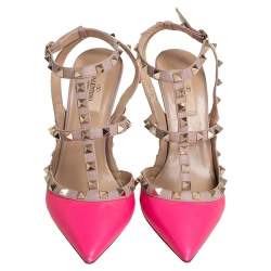 Pre Owned Valentino Pink/Beige Leather Rockstud Sandals Size 38.5 
