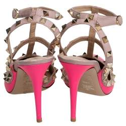 Pre Owned Valentino Pink/Beige Leather Rockstud Sandals Size 38.5 