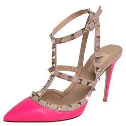 Pre Owned Valentino Pink/Beige Leather Rockstud Sandals Size 38.5 