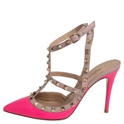 Pre Owned Valentino Pink/Beige Leather Rockstud Sandals Size 38.5 
